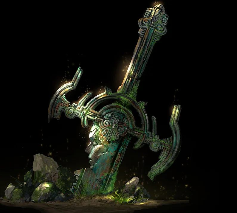 Concept artwork of an ancient dwarven mechanism or blade-faced relic