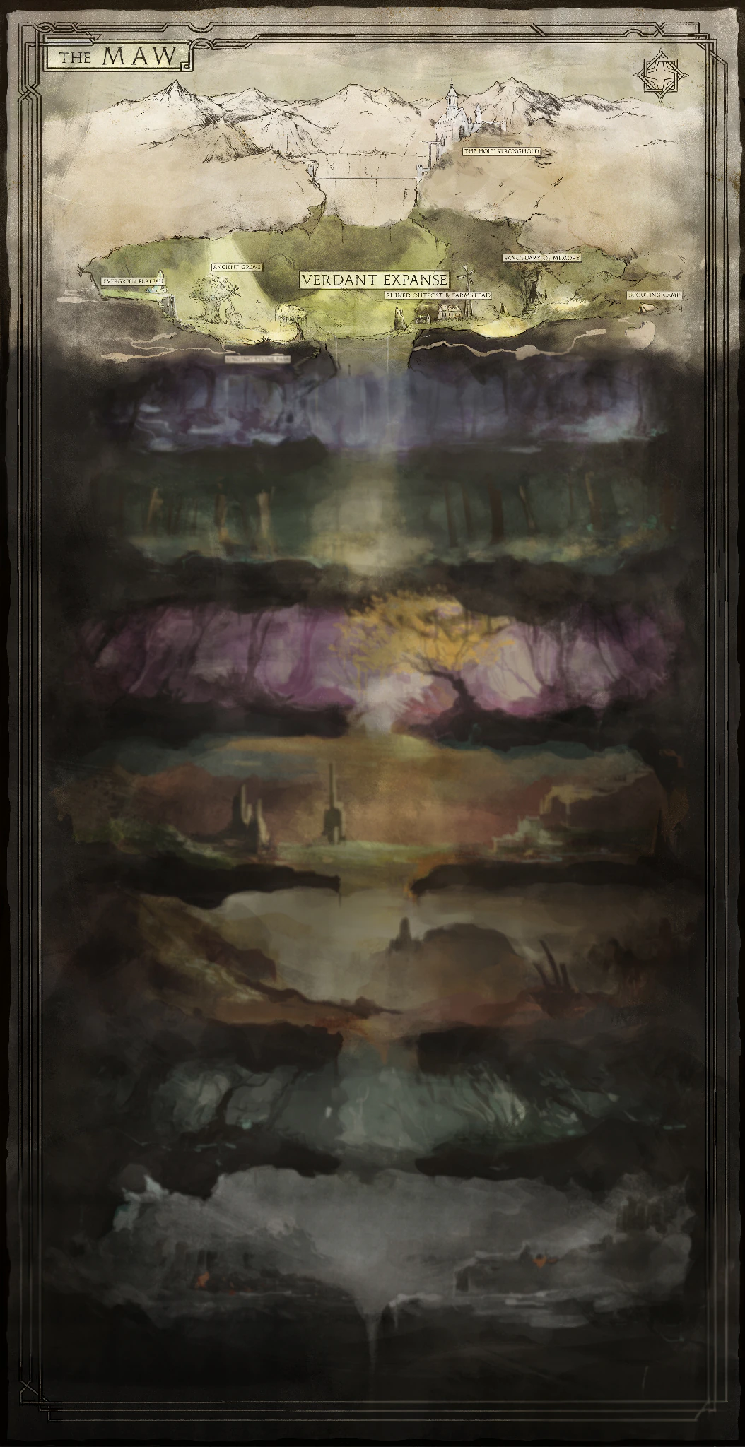 Concept map of the Maw showing the mountain stronghold, Verdant Expanse, and many layered underground regions descending into darkness