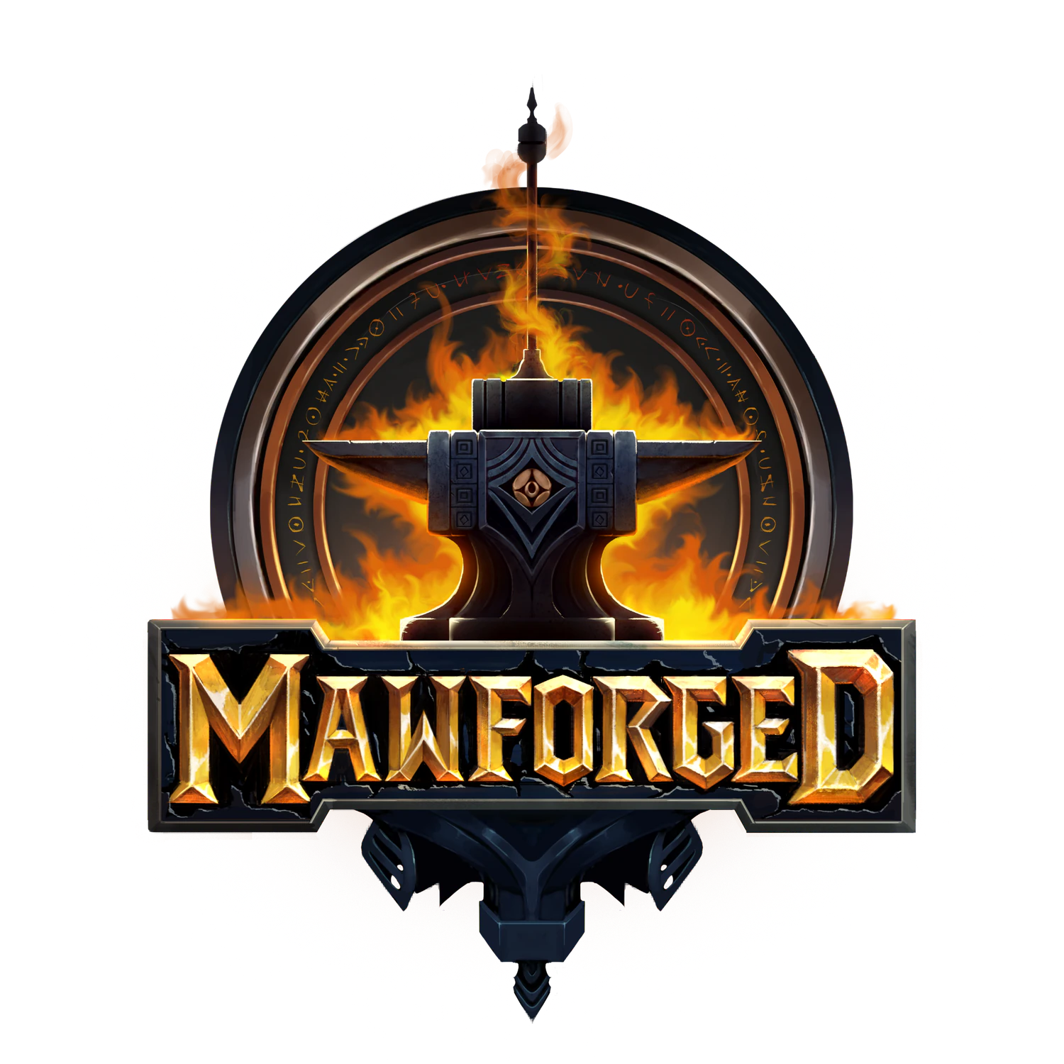 Mawforged logo: a flaming anvil framed by dwarven runes