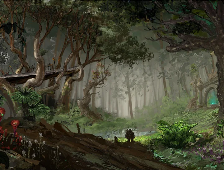 Concept artwork of a dwarven expedition entering a lush, ancient environment